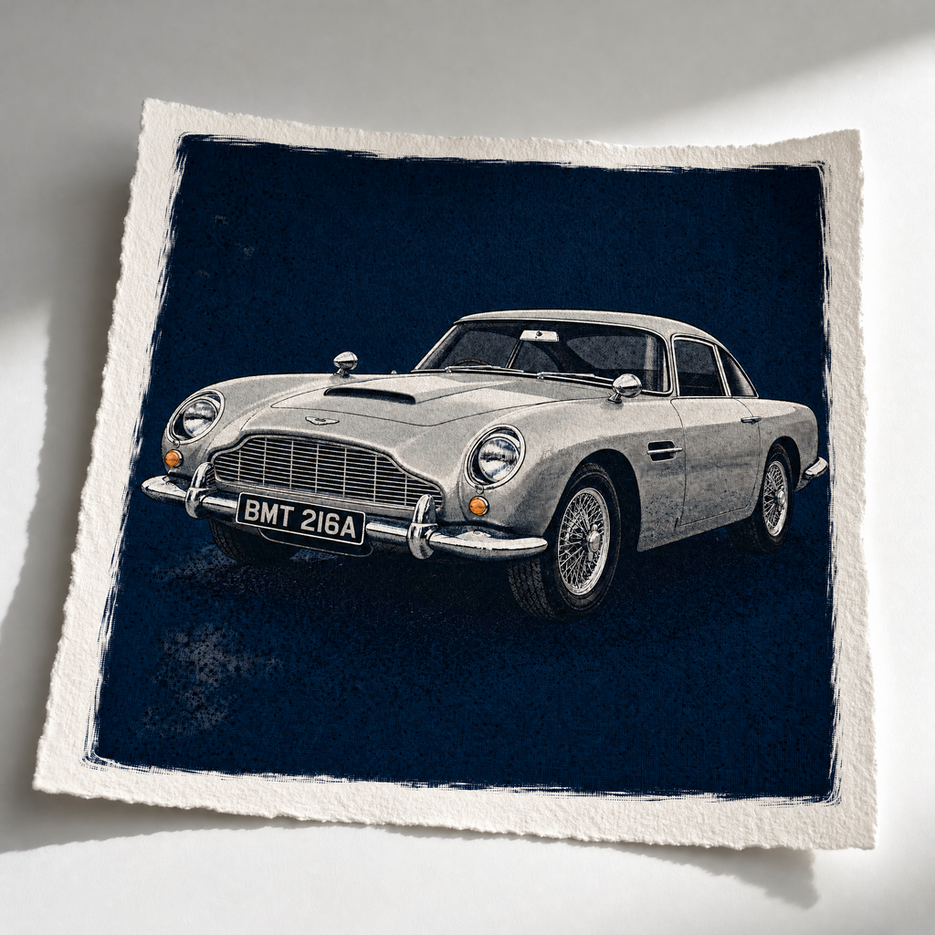 BMT 216A: Fine Art Quality Pop Art Square Print. Limited Edition Series of 60. James Bond, Aston Martin DB5