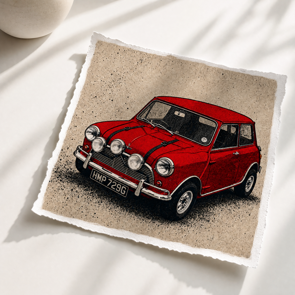 HMP 729G: Fine Art Quality Pop Art Square Print. Limited Edition Series of 60. The Italiamn Job, Red Mini Cooper, Aston Martin DB5 (Copy)