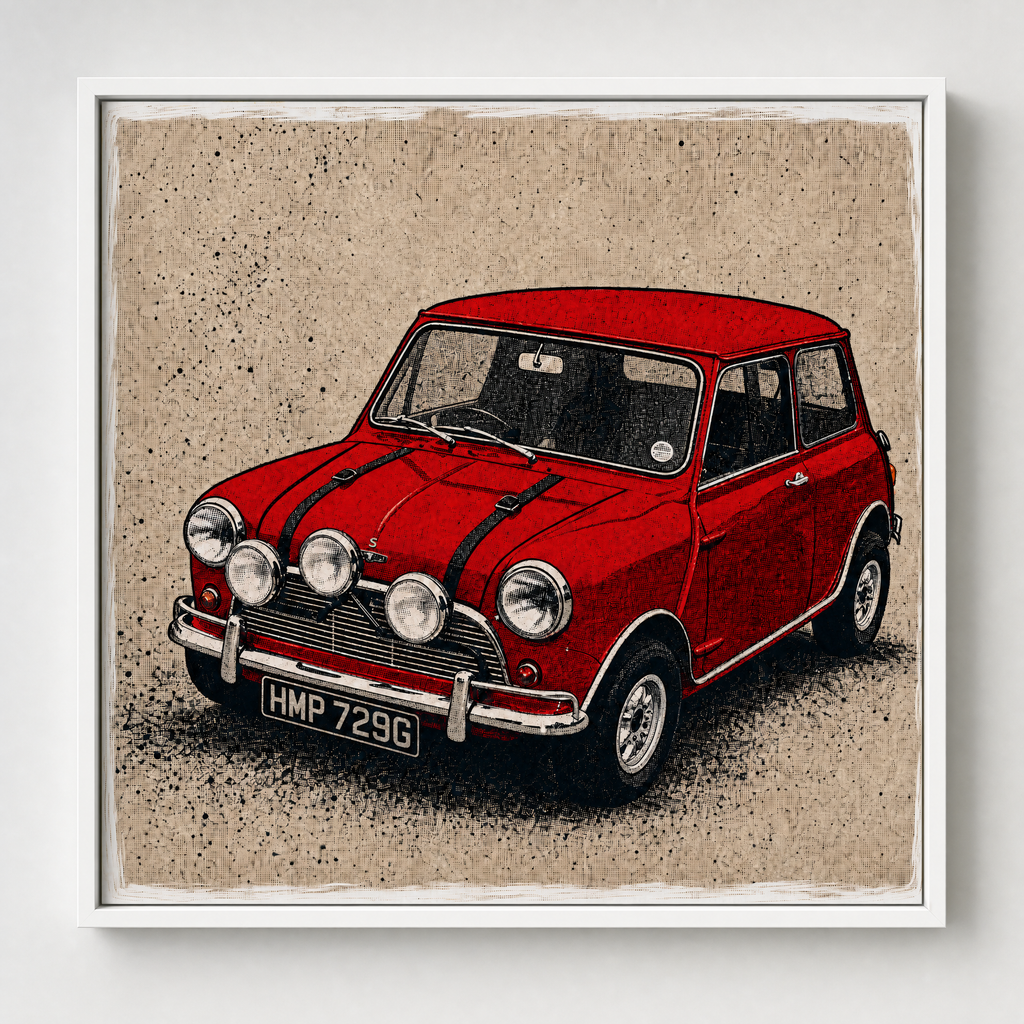 HMP 729G: Fine Art Quality Pop Art Square Print. Limited Edition Series of 60. The Italiamn Job, Red Mini Cooper, Aston Martin DB5 (Copy)